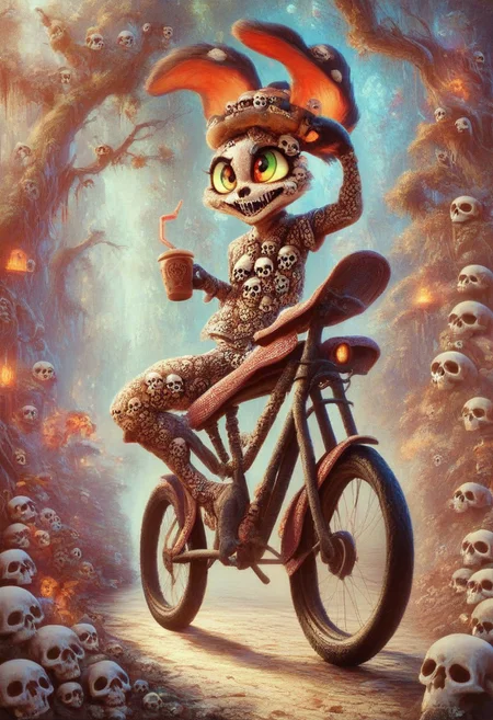 score_9, score_8_up, score_7_up, score_6_up, score_5_up, score_4_up, A playful, anthropomorphic coffee cup made with skulls with big eyes and a grin, riding a bicycle on a path lined with donuts, illustration in the style of BRSH