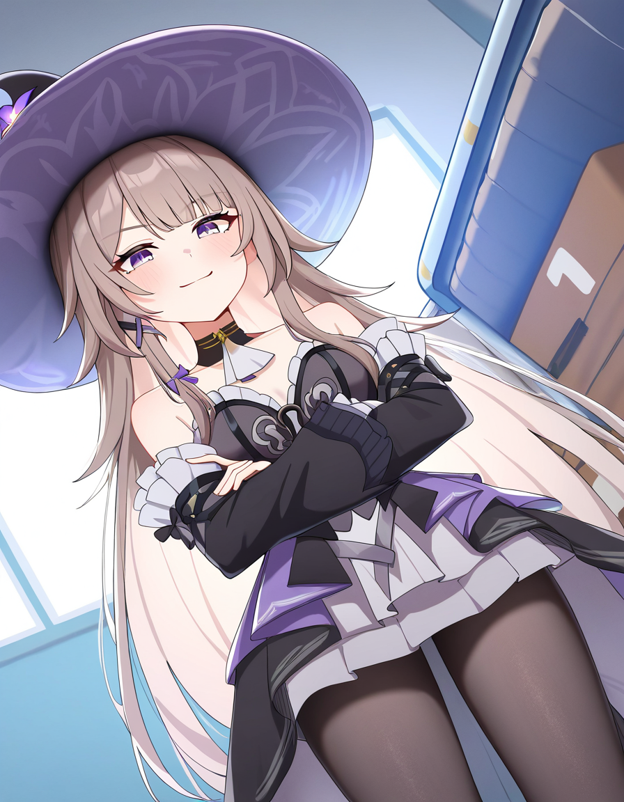 masterpiece, best quality, newest, absurdres, highres, safe,, <lora:the-herta-illustriousxl-lora-nochekaiser:1>, the herta, the herta (honkai: star rail), brown hair, long hair, purple eyes, medium breasts,, bare shoulders, black dress, black hat, detached sleeves, hat, hat flower, hat ornament, long sleeves, pantyhose, witch hat, gym storeroom, equipment, supplies, cleaning, storage, smile, crossed arms, smug, looking at viewer, solo,, cowboy shot, solo