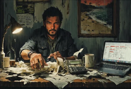 A young bearded man with a furrowed brow, sitting at a cluttered desk surrounded by bills, coins, and a calculator with paper tape unfurling to the floor. The room is dimly lit, with a single desk lamp casting a pool of light on the desk. The person's hand is poised over a pile of crumpled currency and scattered receipts, as if they have been searching through their finances for quite some time. The calculator's display reads "ERROR," reflecting their confusion and frustration. In the background, a calendar on the wall is marked with various payment deadlines and overdue notices. A half-empty coffee cup sits next to a laptop, which is open to a spreadsheet titled "Budget," with numbers in red indicating negative balances. The wall behind the desk is adorned with a poster of a serene beach, symbolizing the financial freedom they are striving for but currently lack. The overall atmosphere is one of tension and concern, with the disarray of the room mirroring the disarray of their financial situation.