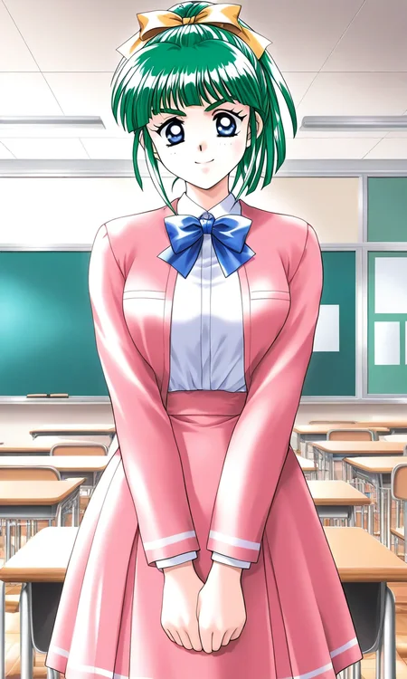 general,highres, ultra-detailed,very aesthetic,best quality ,best hands, BREAK <lora:Iijima_Miyuki_kakyuusei_Ver2.0_IS:1>
Iijima_Miyuki(kakyuusei), 1girl, solo, green hair, high ponytail,, bangs, short hair, blue eyes, hair ribbon,Yellow ribbon, breasts,
classroom, indoors, pink jacket, down arms,
chalkboard, looking at viewer, shirt, school uniform, jacket, blue bow, shirt tucked in, desk,
bowtie, school desk, long sleeves, smile, pink skirt,