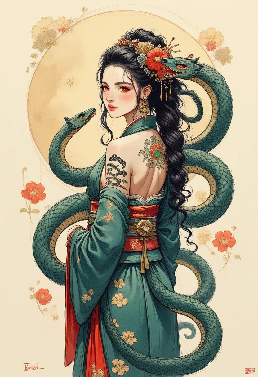 score_9, score_8_up, score_7_up, score_6_up, BREAK
chnake, medusa, 1girl, solo, looking at viewer, blush, bangs, black hair, hair ornament, red eyes, bare shoulders, jewelry, closed mouth, flower, earrings, japanese clothes, looking back, hair flower, kimono, off shoulder, from behind, sash, tattoo, makeup, back, obi, red flower, nape