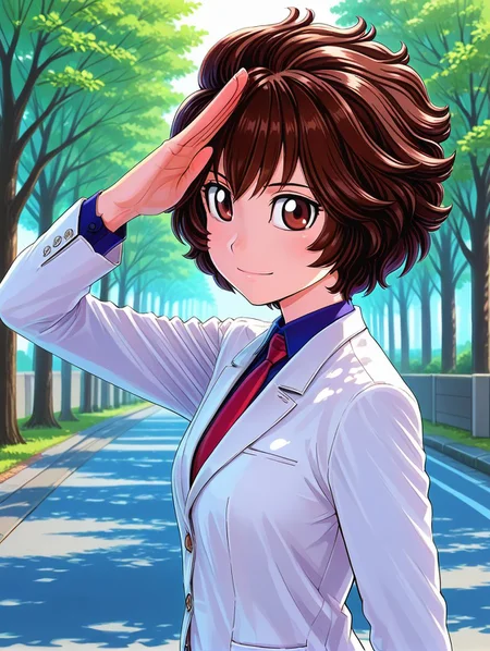 1girl,shiny skin ,<lora:marnie_ill_v1.1:0.9>,small breasts,toshimarnie, short hair, messy hair, brown hair, brown eyes,white jacket, shirt, necktie,small breasts,BREAK
smile,salute,dappled sunlight,BREAK
masterpiece,best quality,amazing quality,tree,road,from side,looking at viewer