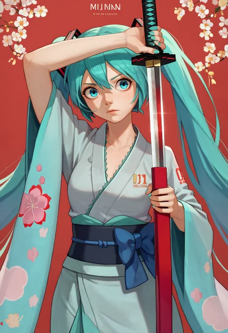 score_9, score_8_up, score_7_up, 1girl, arm up unsheathing sword, kimono, japanese clothes, hatsune miku
<lora:unsheathing_pose_vertical_3_final:1>