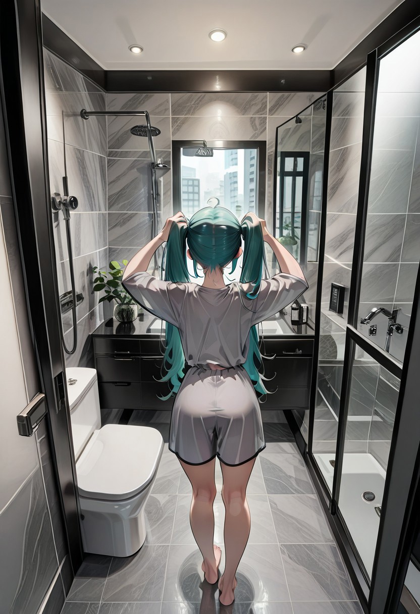1girl, hatsune miku, standing, loungewear, looking at mirror, mirror reflection, smile, hands touching hair,
bathr00m, rectangular sink, white countertop, chrome faucet,  rectangular mirror, shower, glass shower screen, light gray tile wall, light gray tile floor, black shelf, toilet, decorative item, 
detailed background, great lighting, from behind,
masterpiece,best quality,amazing quality, (anime coloring, anime screenshot)
