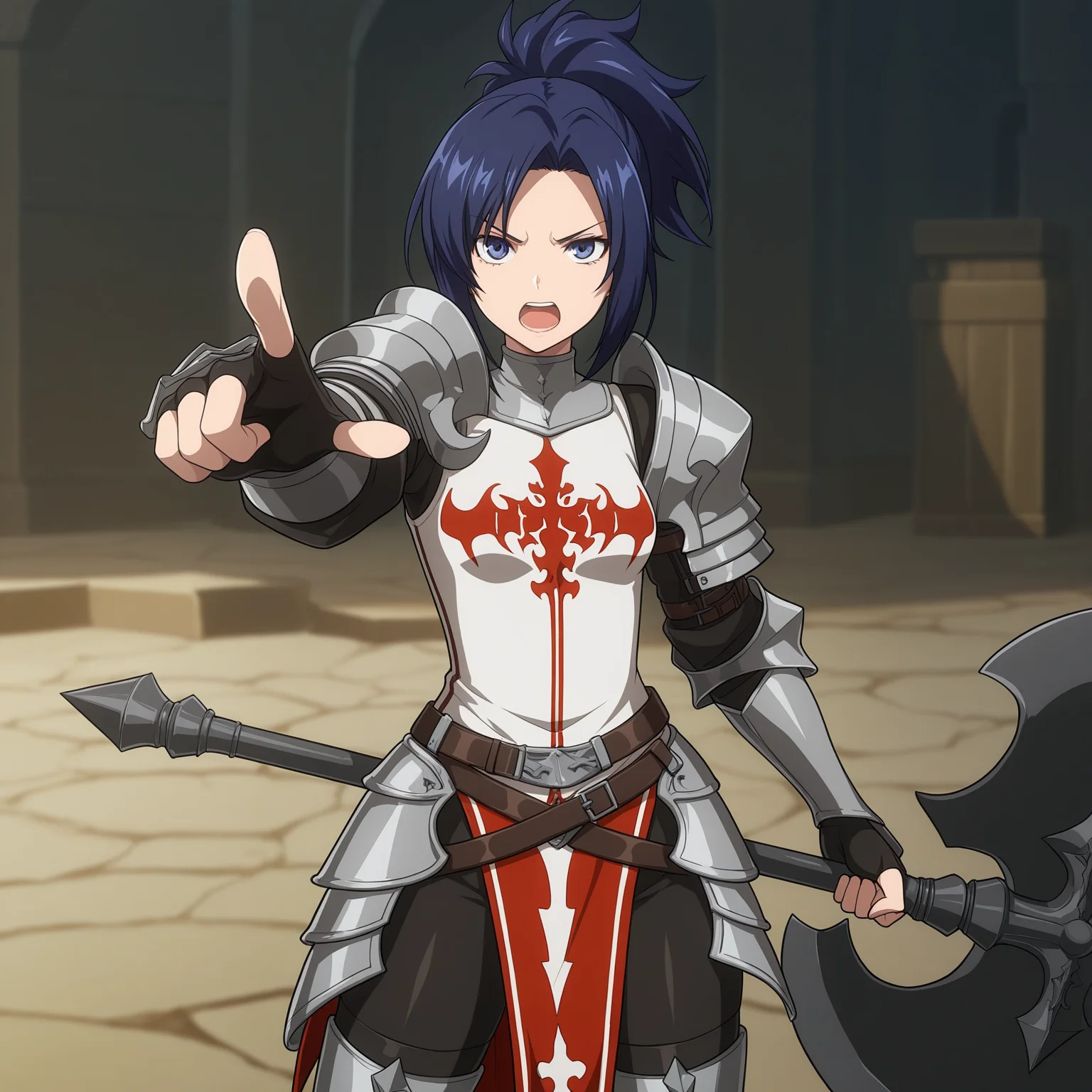 masterpiece, best quality, amazing quality, anime screencap, 1girl, solo, standing, cowboy shot, looking at viewer, pointing at viewer, annoyed, open mouth, <lora:inquisitor_dnf_duel:0.9>, inquisitor \(dnf duel\), blue hair, ponytail, high ponytail, short ponytail, blue eyes, small breasts, armor, full armor, pauldrons, gauntlets, fingerless gloves, black pantyhose, armored boots, battle axe, double-sided axe,