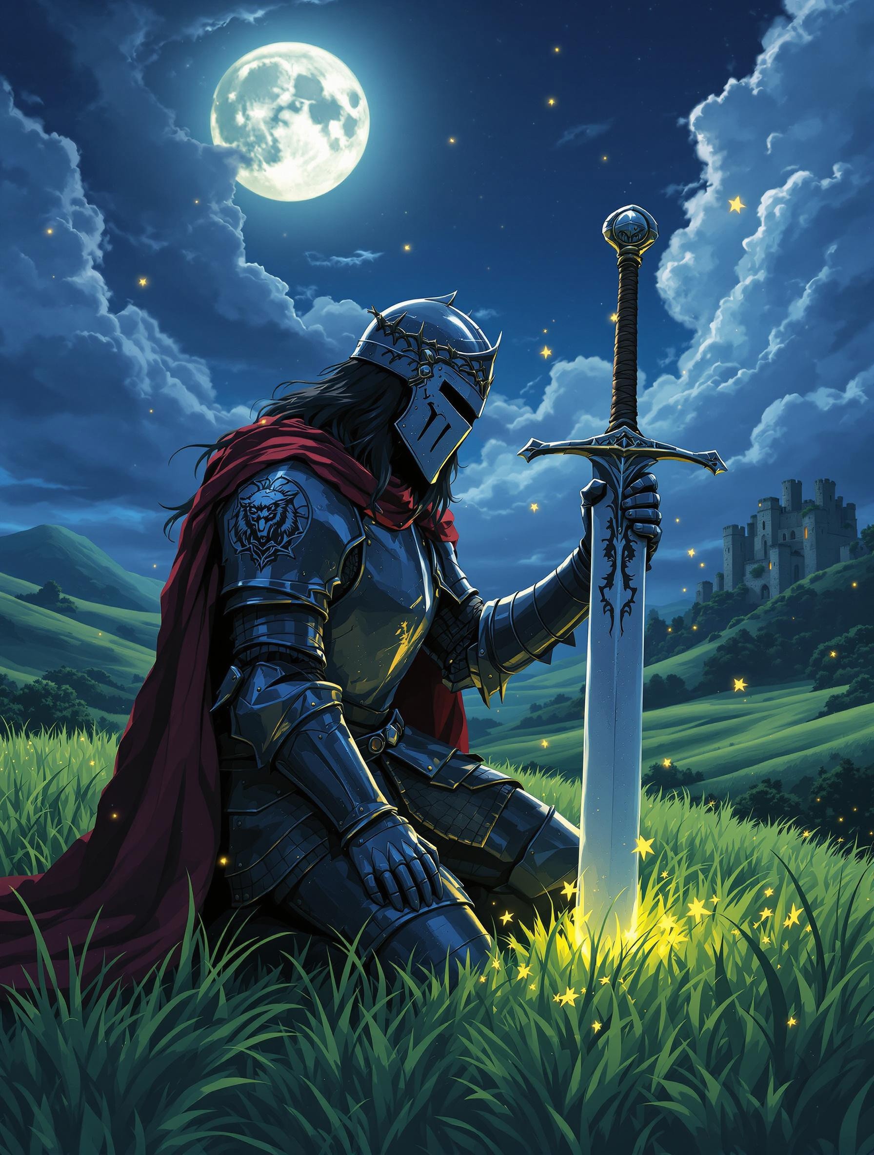"In a breathtaking 90s anime-style scene, a lone knight kneels on a moonlit field of lush green grass, his battered armor glinting under the pale silver light. His long, dark hair flows past his shoulders, strands catching the cool night breeze. His sharp, battle-worn face is shadowed beneath a medieval great helm, engraved with a lion and thorned vines. His crimson cape, tattered from countless battles, drapes over his shoulders, its edges fluttering as if carrying the weight of lost wars.
In his grip, he holds a massive longsword, its steel blade buried slightly in the earth, reflecting the soft glow of fireflies drifting lazily through the air. The hilt is wrapped in weathered leather, its pommel carved with an ancient sigil of a forgotten kingdom. His gauntleted hand trembles slightly, not from fear, but from the heavy burden of the path he has walked.
The background is rich with medieval beauty—rolling green hills stretch beneath a vast, cloudy night sky painted in deep blues and purples. A ruined stone castle stands in the distance, its towers half-collapsed, ivy creeping over broken walls. The rustling of leaves and the distant hoot of an owl add a serene contrast to the knight’s solemn presence. The scene feels like a lost moment from a classic anime—cinematic, emotional, and rich with storytelling, as if the knight has stepped straight from legend."