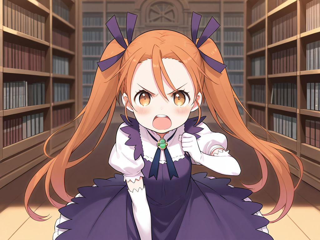 masterpiece, best quality, good quality, <lora:Aliese_Martini_IS:1> Aliese_Martini, 1girl, solo, twintails, long hair, brown eyes, hair ribbon, orange hair, brown hair, short stack,
 1girl, solo, blonde hair, gloves, dress, yellow eyes, elbow gloves, open mouth, ribbon, blush, purple dress, puffy sleeves, looking at viewer, short sleeves, white gloves, angry,
library,