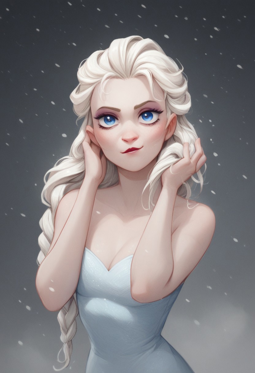 STPStyl3P0ny,score_9_up, score_8_up, score_7_up, ,score_6_up,standing,elsa, posing with hands in hair, looking at viewer, pale milky skin, snowing