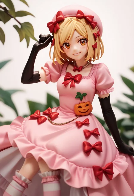 score_9, score_8_up, score_7_up, highres, absurdres, solo, 1girl, blush, smile, looking_at_viewer, Rambda, blonde hair, short hair, orange eyes, hair ornament, necklace, pink hat, pink gown, red bow, short sleeves, elbow gloves, striped kneehighs,