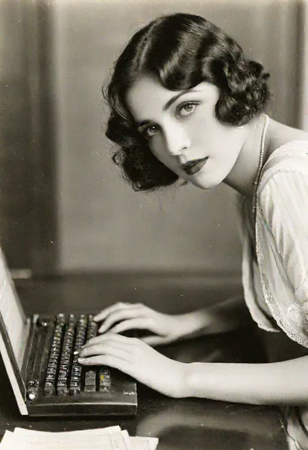 vintage photo, of 1920s female computer, inside university, making calculations to help win the war, perfect face, alluring eyes, beautiful hands, photographed on a Kodak 35, 50mm lens, f/3.5, black and white