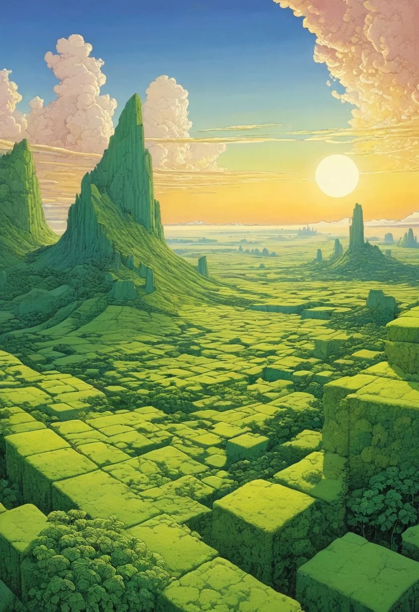 a view of a landscape where everything is cubical, cubical sun, cubical cloud, cubical landscape, cubical greenery, Moebius art style,