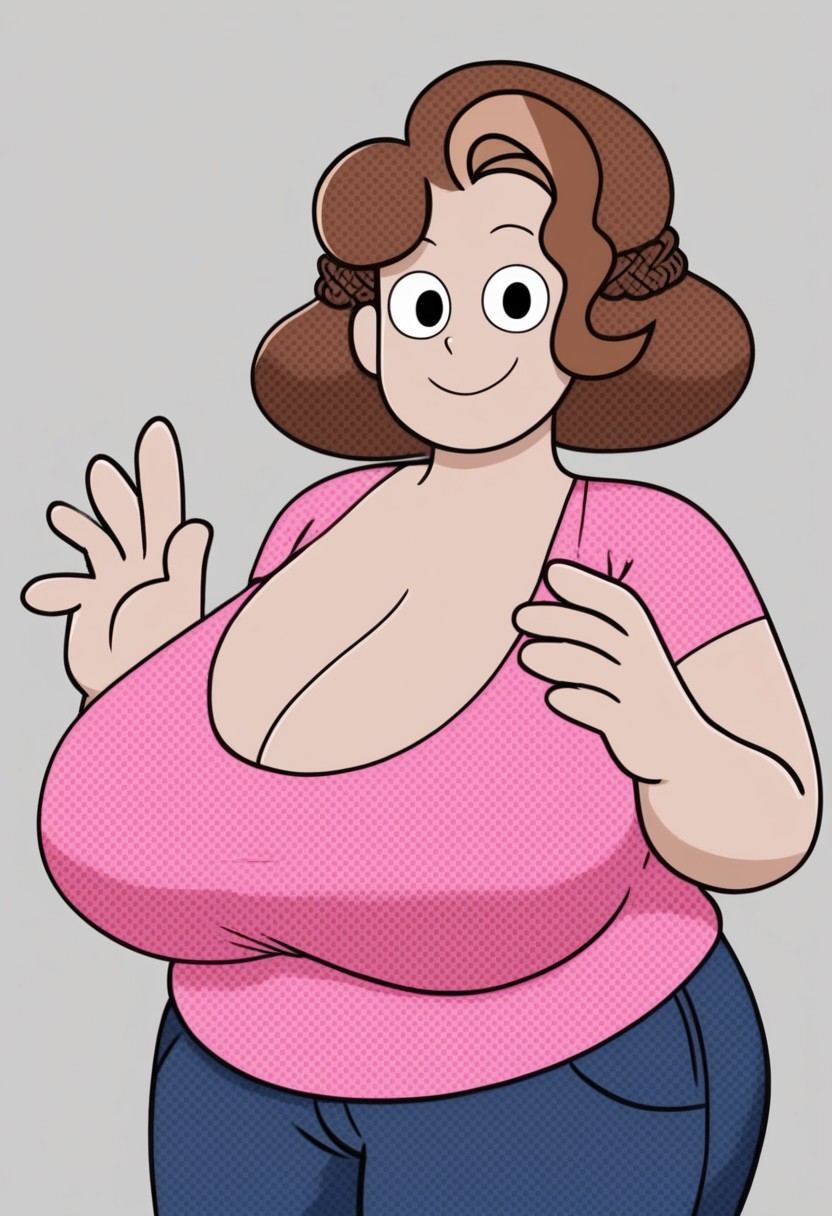 (score_9 | score_8_up | score_7_up) ((masterpiece:1))(best quality,very high quality,ultra detailed:1.2) (2D,cartoon style,anime style)(Smooth:2)(clean blurring) (four fingers on each hand,one thumb on each hand:1),1female,sole female,black eyes,perfect face,accurate,screencap,looking at viewer,,dot eyes,huge breasts,bbw,fat,brown hair,pink shirt,pants,smile,full clothed,,cleavage