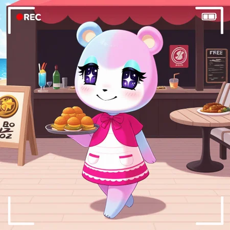 best quality, masterpiece, Full Body, Romantic, Small, Body, Furry, judyac, animal crossing, 1girl, solo, furry, bear, two-tone fur, light pink fur, light blue fur, white muzzle, purple eyes, star pupil, blush, blue eyeshadow, pink dress, beach, restaurants, serving food, carry tray, walking, outside lobby, board walk, beach chair, beach table, umbrella, recording, sign of buzz, sign said buzz sign writing say buzz, smile, holding a sign, sign said " free_buzz_food", writing buzz