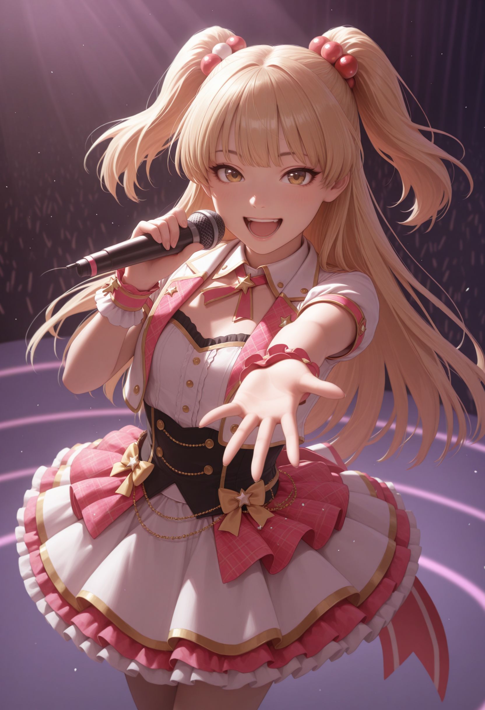 masterpiece, best quality, newest, (realistic:0.5), solo, looking at viewer,
 <lora:Jougasaki Rika illu:1> long hair, two side up, hair bobbles, idol clothes, hair ornament, standing, cowboy shot, singing, stage, holding microphone, smile, open mouth, reaching out,