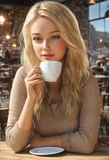 (masterpiece)
a beautiful blond girl drinking coffee,
coffe shop background,
HDR, 8k, trending on artstation,