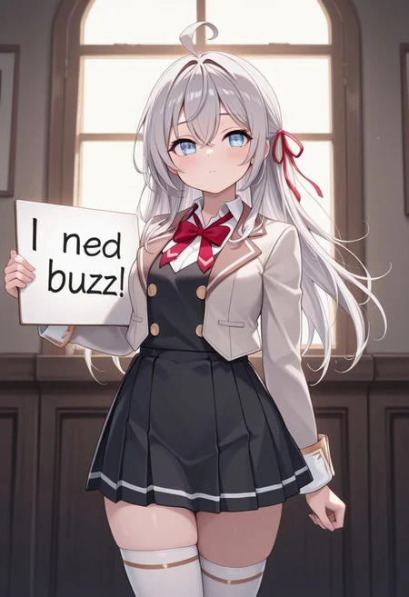 masterpiece,best quality,amazing quality, need_buzz, holding sign, 1girl, alya-san, 1girl, long hair, blue eyes, ahoge, shirt, school uniform, jacket, ribbon, hair ribbon, skirt, grey hair, thighhighs, long sleeves, hair between eyes, white thighhighs, bow, collared shirt, white shirt, red ribbon, bowtie, red bow, blazer, red bowtie, zettai ryouiki, dark fantasy background