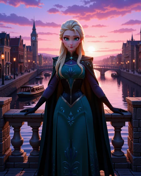 -looking at viewer, outdoors daylight, a 20 year old adult mature woman.
PhotoRealistic Style,  front view photo of.
<lora:Frozen_-_Elsa_v2_000030:1> f-elsa, blue eyes, blonde hairdark teal long-sleeved dress with black bodice, blue patterns, dark cloak, gloves, traveling boots
A woman leans on the stone rail of a bridge in a quiet town, watching the boats pass beneath her as the evening sky turns into shades of purple and gold.
