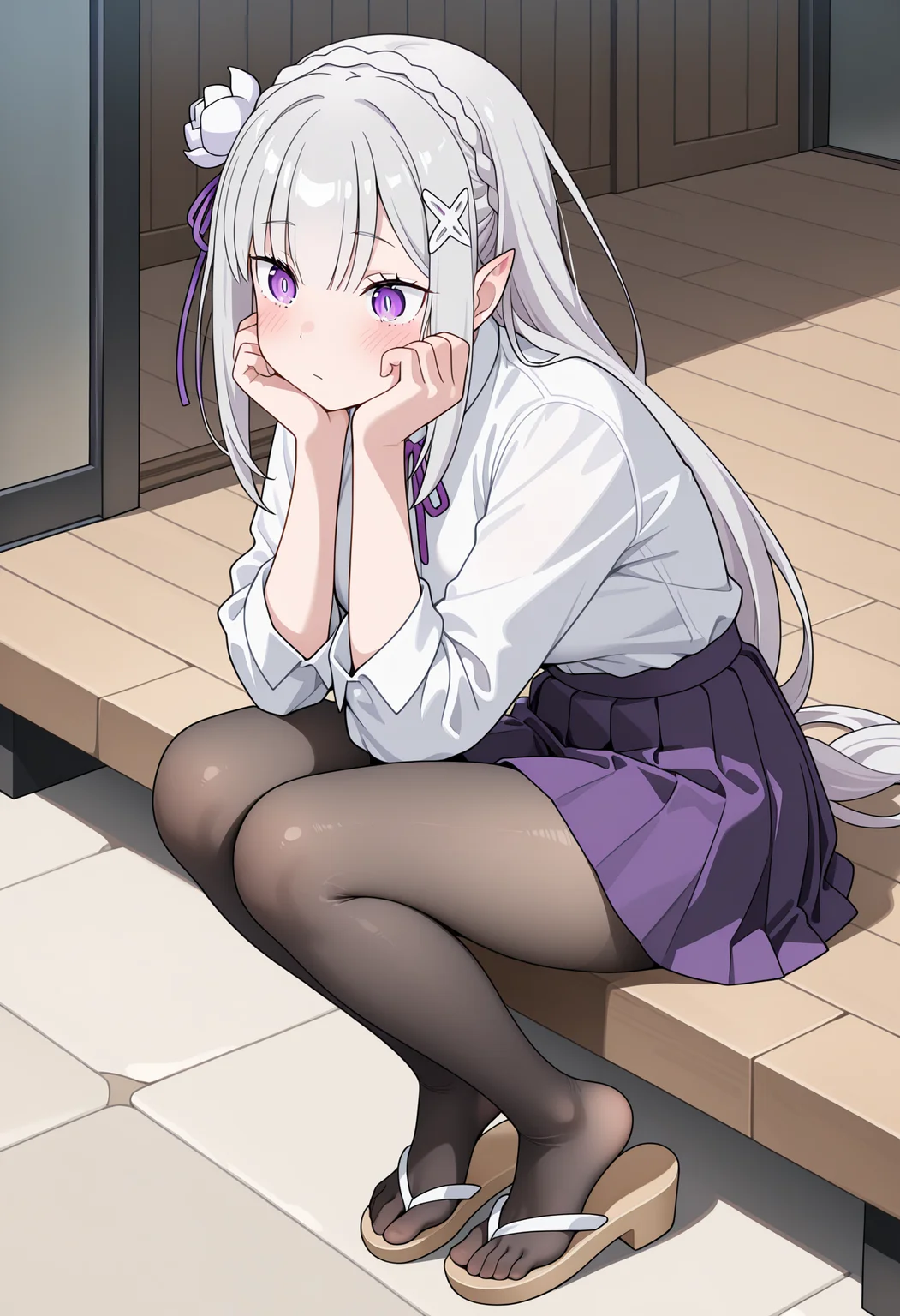 masterpiece, best quality, high resolution, source_anime, highly detailed illustration, detailed eyes,  
very aesthetic, absurdres, newest, amazing quality, 
1girl, solo, 
<lora:shiEmiliaV12ill:1.0> shimilia, long hair, grey hair, purple eyes, pointy ears, crown braid, hair flower, hair ribbon, purple ribbon, x hair ornament, white shirt, pleated skirt, pantyhose, sandals,  sitting,  
<lora:shiShoePopV1ill:1>, shishoepop, heel pop,