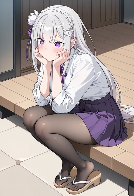 masterpiece, best quality, high resolution, source_anime, highly detailed illustration, detailed eyes,
very aesthetic, absurdres, newest, amazing quality,
1girl, solo,
<lora:shiEmiliaV12ill:1.0> shimilia, long hair, grey hair, purple eyes, pointy ears, crown braid, hair flower, hair ribbon, purple ribbon, x hair ornament, white shirt, pleated skirt, pantyhose, sandals, sitting,
<lora:shiShoePopV1ill:1>, shishoepop, heel pop,