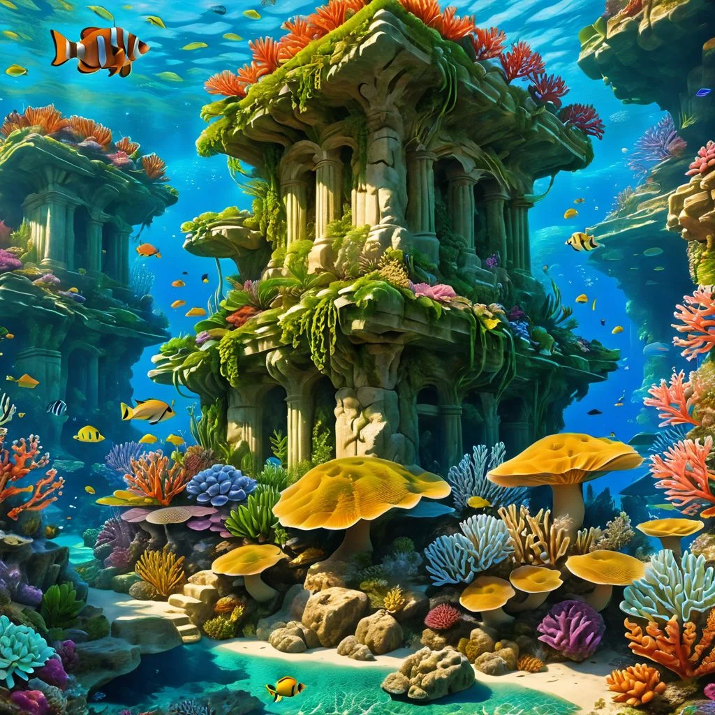 sunken city, underwater flora and fauna, realistic, HD, 8K
