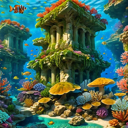 sunken city, underwater flora and fauna, realistic, HD, 8K