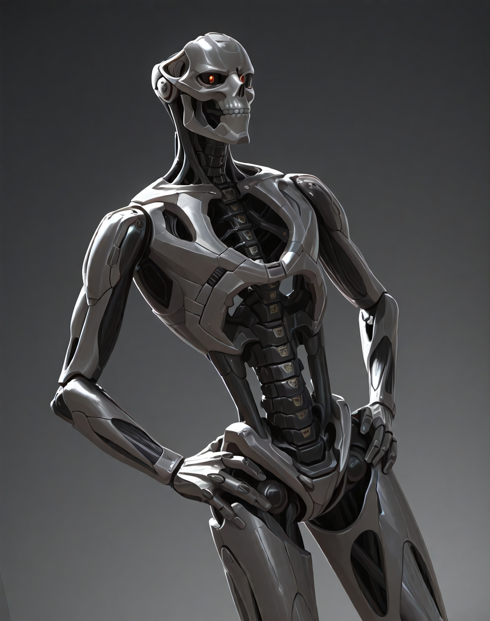 <lora:Rev_9_(Terminator)_(Illustrious)_(AD):1> Rev 9, endoskeleton, robot, 
((
exterior, science fiction,
dutch angle, dynamic action, male focus, solo, villain, solo, powerful, superiority, brushed titanium, hands on hips, 
)),
BREAK: very awe, aesthetically pleasing, masterpiece, best quality, amazing quality, very aesthetic, depth of field, absurd details, depth of field, atmospheric rendering, natural shading, soft shading, photographic realism, 8K 3D CGI render,
BREAK: lazympos, lazypos (3),