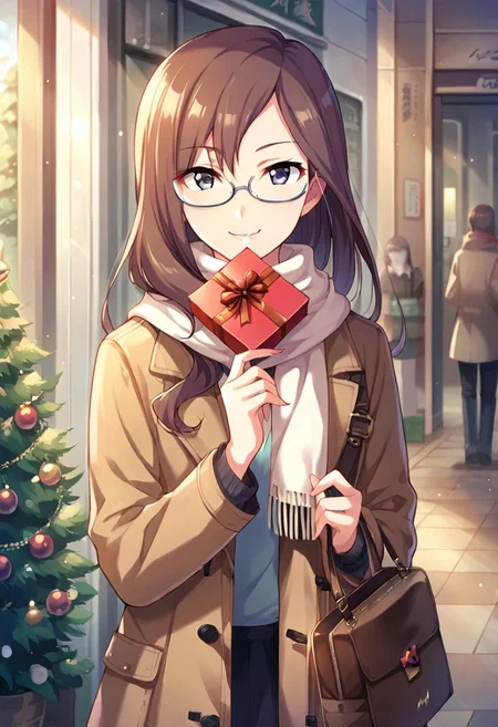 score_9, score_8_up, score_7_up, source_anime,yagami makino, long hair, glasses, brown hair, periwinkle eyes, 1girl, scarf, valentine, gift, bag, box, solo focus, looking at viewer, smile, coat, semi-rimless eyewear