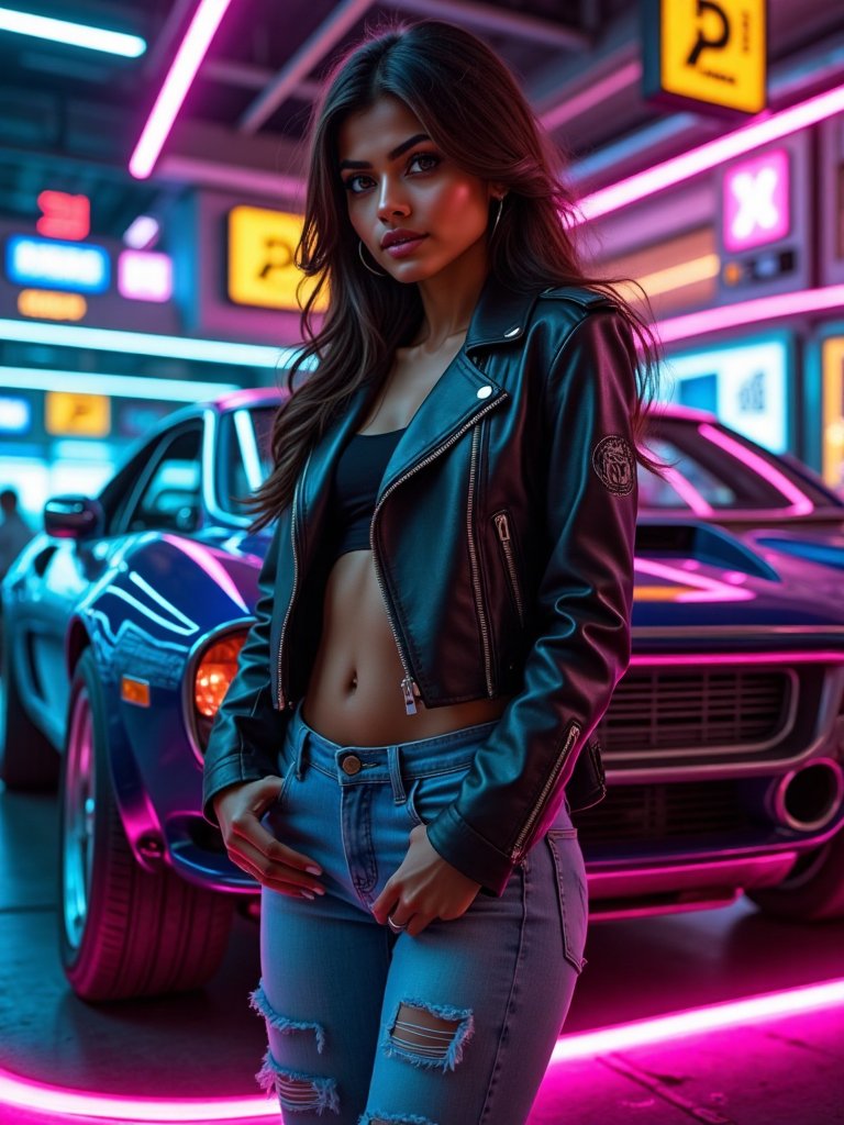 (K4tK4veri, Hyper-realistic, extremely detail, Desi Indian woman, detailed eyes, detailed skin, long hair, skinny body): Cyberpunk a bold woman in a cropped leather jacket and ripped jeans, standing next to a neon-lit car in an underground race. A full-body shot from a low angle emphasizes her confident pose and the vibrant reflections on the car’s polished surface.