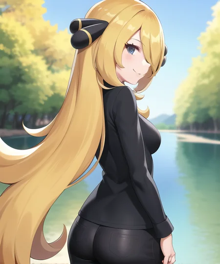 lake, 1girl, character_pokemon_cynthia, solo, standing, from behind, from side, hair over one eye, looking at viewer, looking back, smile, closed mouth, v-neck, long sleeves, pants, hair ornament <lora:pokemon_cynthia:.5>