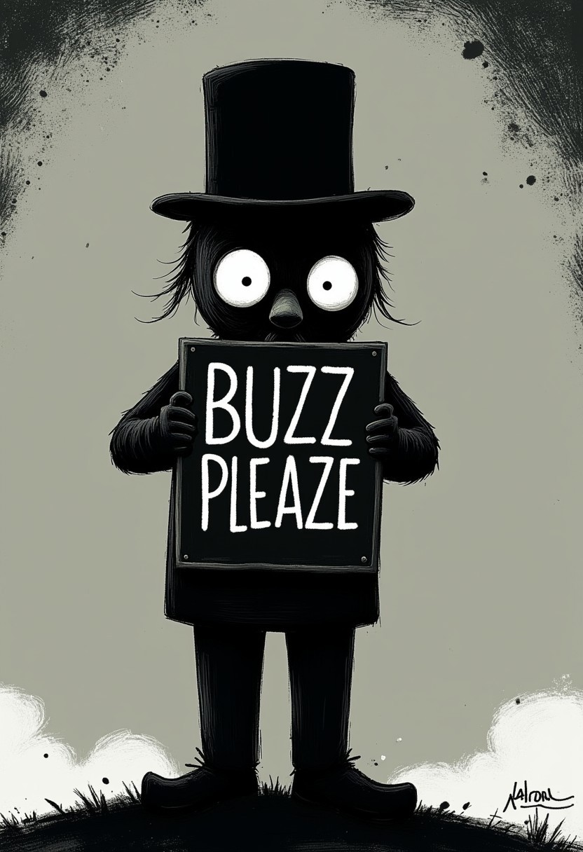 The Charlie Chaplin holding sight with text "Buzz pleaze" letters. Dark whimsical art