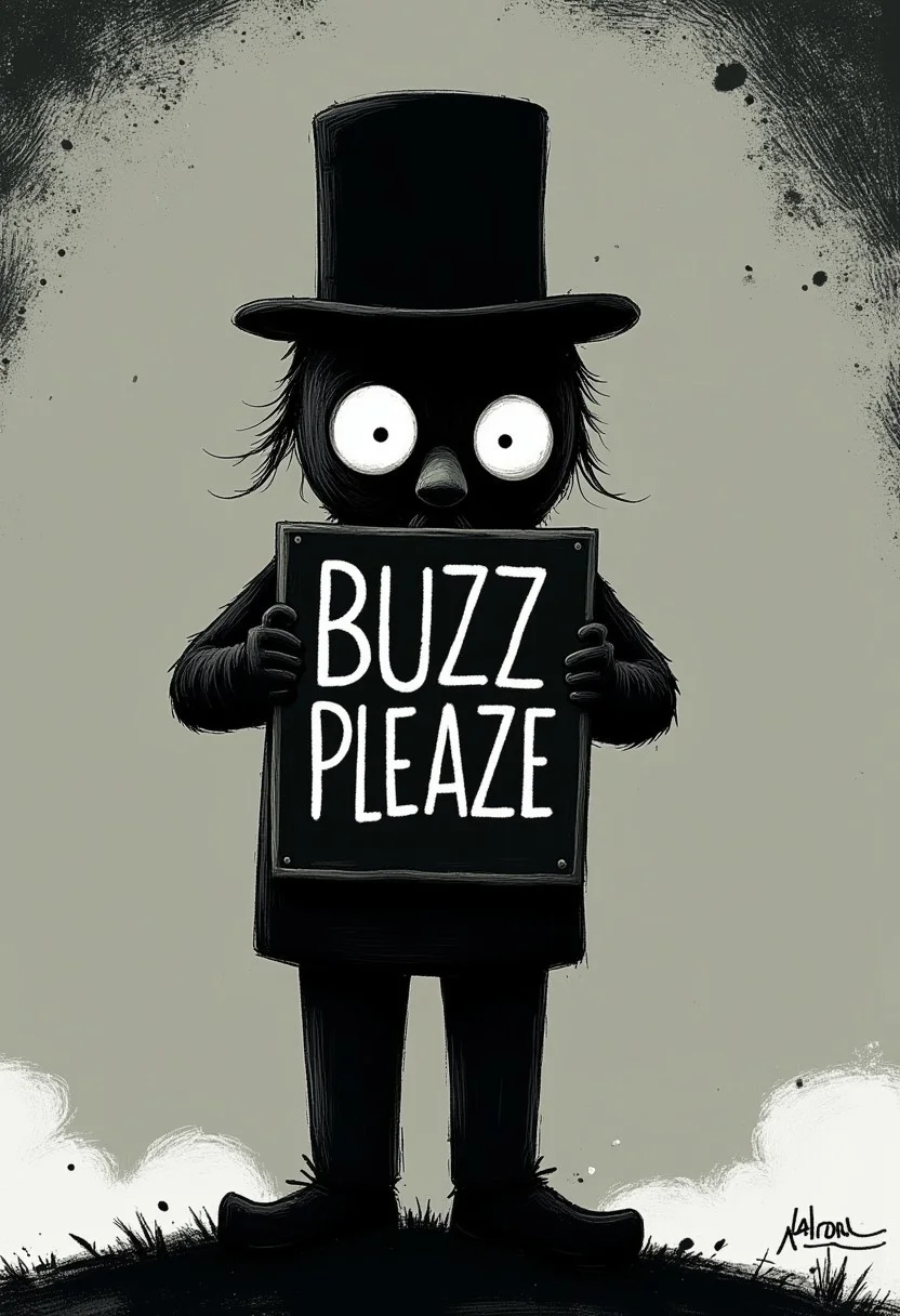 The Charlie Chaplin holding sight with text "Buzz pleaze" letters. Dark whimsical art
