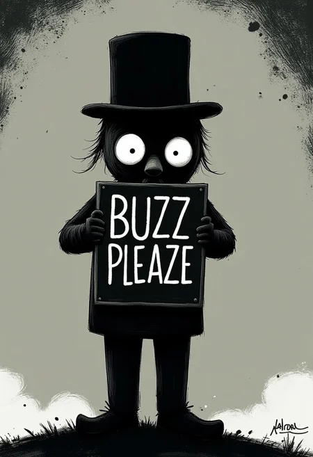 The Charlie Chaplin holding sight with text "Buzz pleaze" letters. Dark whimsical art