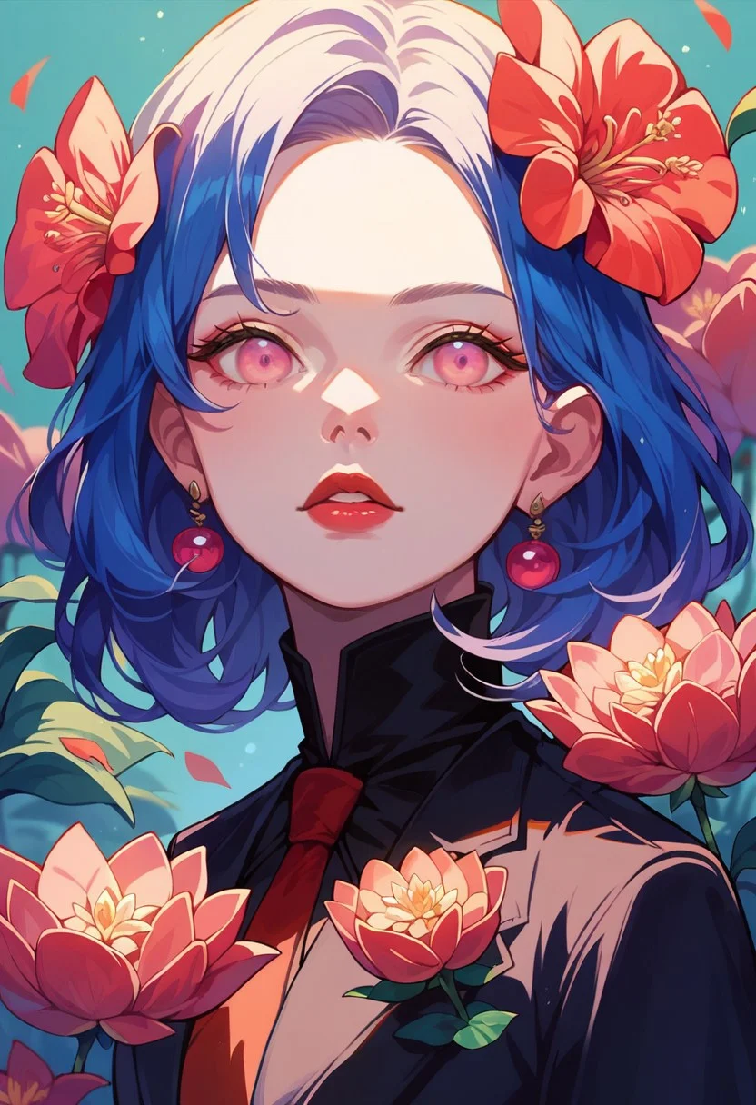 <lora:gr33nXLP:1>, score_9, score_8_up, score_7_up, score_6_up, gr33n, plant, flower, 1girl, cape, black blazer, red tie, medium hair, (glowing blue hair), glowing pink eyes, red lips, irezumi tattoos