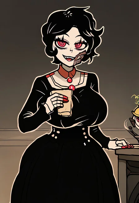 easynegative, score_9, score_8_up, score_7_up, solo, 1girl, red eyes, vampire eyes, short hair, black hair, looking at viewer, by nemlei, the coffin of andy and leyley, Aria, victorian dress, dress, large breasts, huge breasts, bust, clothed, happy