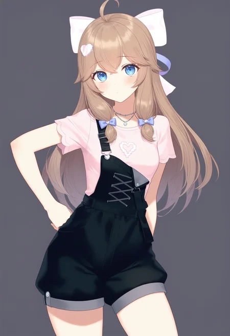 (1girl),(solo),light brown hair,blue eyes,bow,star hair ornament, ahoge,
,small breasts,jiaran\(asoul\),jiaranbp,
heart,heart hair ornament,bow,necklace,pink shirt,short sleeves,shirt,black overalls,
simple background,solid background,looking at viewer,cowboy shot,standing, masterpiece,best quality,amazing quality,very aesthetic,absurdres,highres,