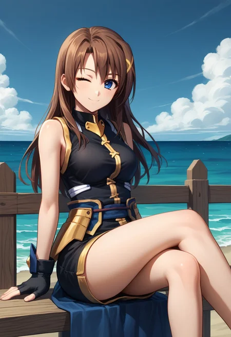 score_9, score_8_up, score_7_up, source_anime, good anatomy, 1girl, solo, HayateYagami, brown hair, long hair, x hair ornament, blue eyes, black dress with gold trim, short dress, fingerless gloves, bare shoulders, bare legs, corset, sitting, crossed legs, smiling, winking, on fence, ocean, blue sky, clouds