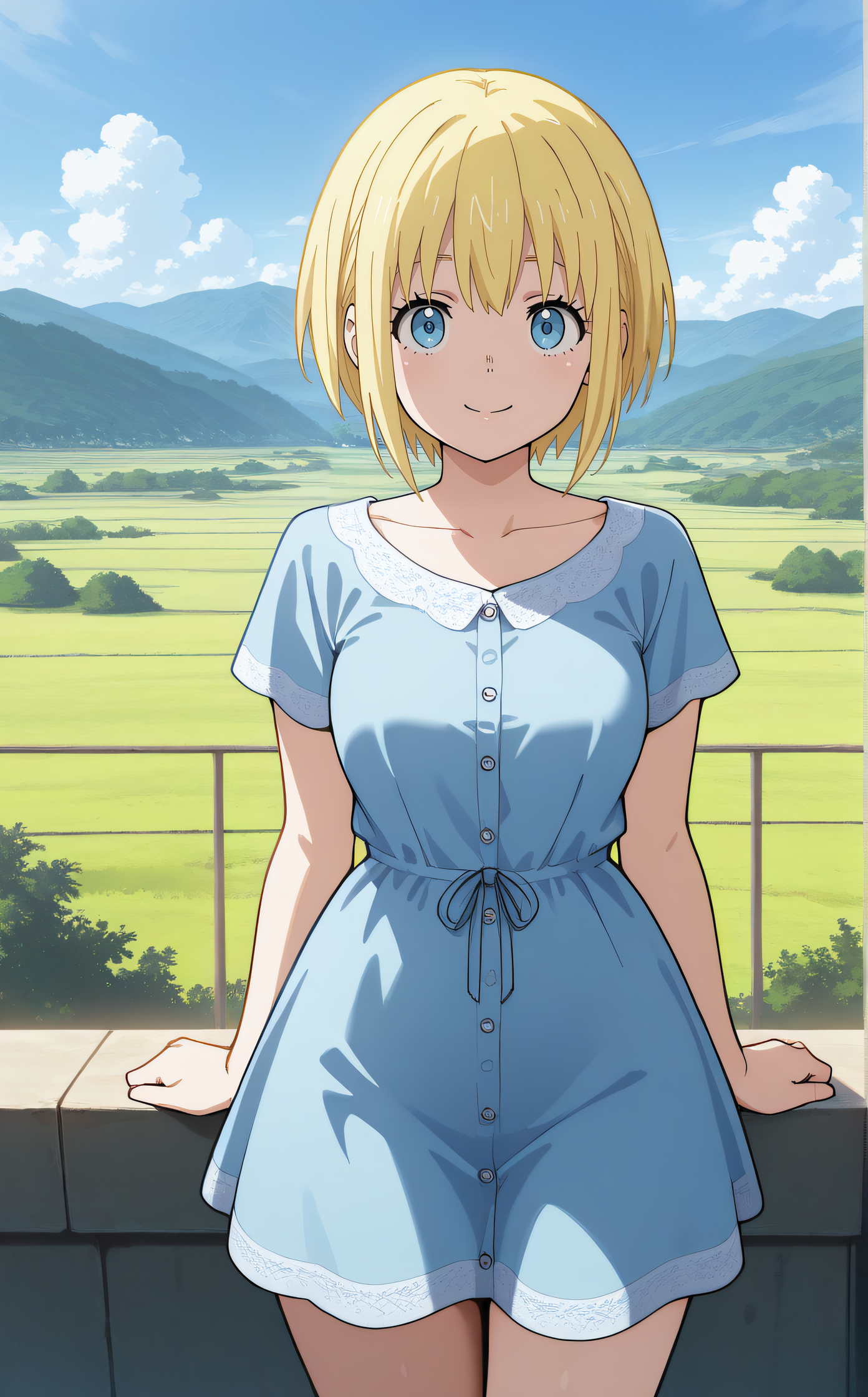 masterpiece, best quality, highres, scenery, newest, 1girl, solo, official style, <lora:IL_Sister_Iris:1>, iris, blue dress, smile, outdoor, looking at viewer, cowboy shot
