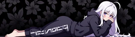 Flat colour anime style showing an adult woman with colored long hair wearing techwear hoodie and trousers, bare feet, on the right side of the image. laying on stomach with feet up, head in hands, white silouette on black floral patterned background, white on black pattern, high contrast negative space