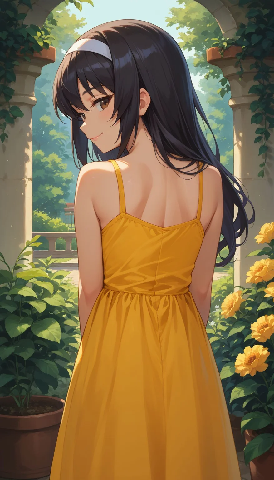 score_9, score_8_up, score_7_up, score_6_up, , solo, 20yo woman, (Beuty:1.1) , (cute:1.3), half-closed eyes
<lora:Mako Reize:1> reizei mako, long hair, black hair, white hairband, brown eyes, from behind, yellow sundress, garden, day, sunshine, smile, looking back,