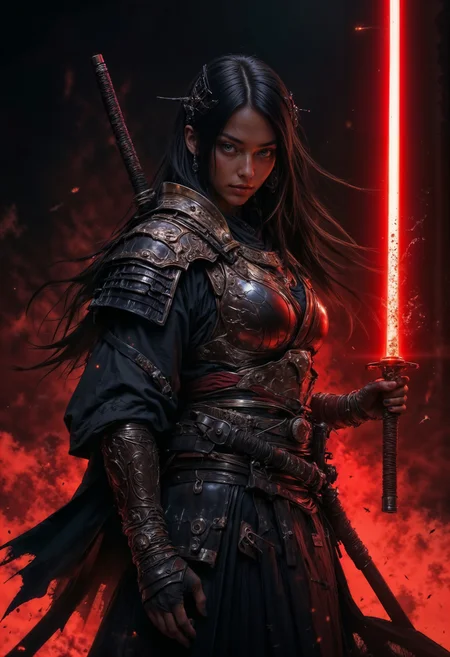 samurai girl wearing a kimono with shoulder armor, she's holding a katana glowing with red energy, her long hair is flowing in the wind, she stands in a dojo training for her next battle. (maximum ultra high definition image quality and rendering:3), maximum image detail, maximum realistic render, (((ultra realist style))), realist side lighting, , 8K high definition, realist soft lighting, (amazing special effect:3.5). S1n0z1ck style, mythp0rt, samurai