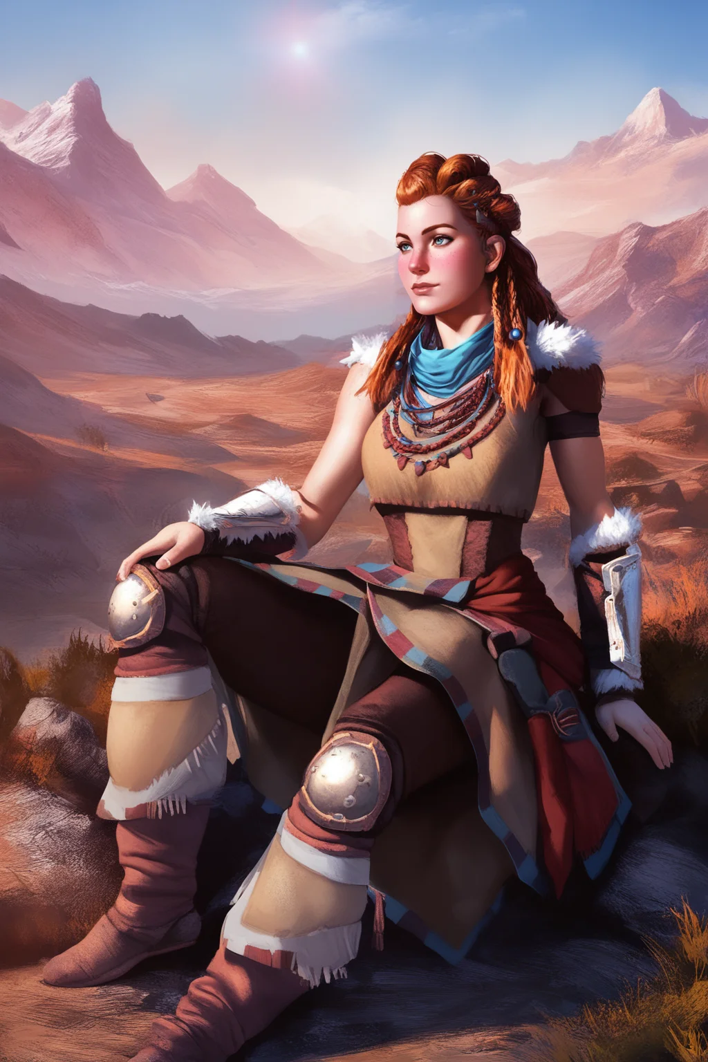 score_9, score_8_up, score_7_up, masterpiece, high quality, BREAK
<lora:AloyPonyLoRA:1>aly, long hair, multiple braids, freckles, hair ornament, scarf, top, fur trim, necklace, bracer, skirt, pants, single knee pad, sitting on a rock, mountains, dawn, desert landscape, rays of light