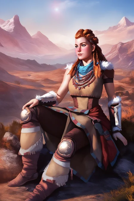 score_9, score_8_up, score_7_up, masterpiece, high quality, BREAK
 <lora:AloyPonyLoRA:1>aly, long hair, multiple braids, freckles, hair ornament, scarf, top, fur trim, necklace, bracer, skirt, pants, single knee pad,  sitting on a rock, mountains, dawn, desert landscape, rays of light
