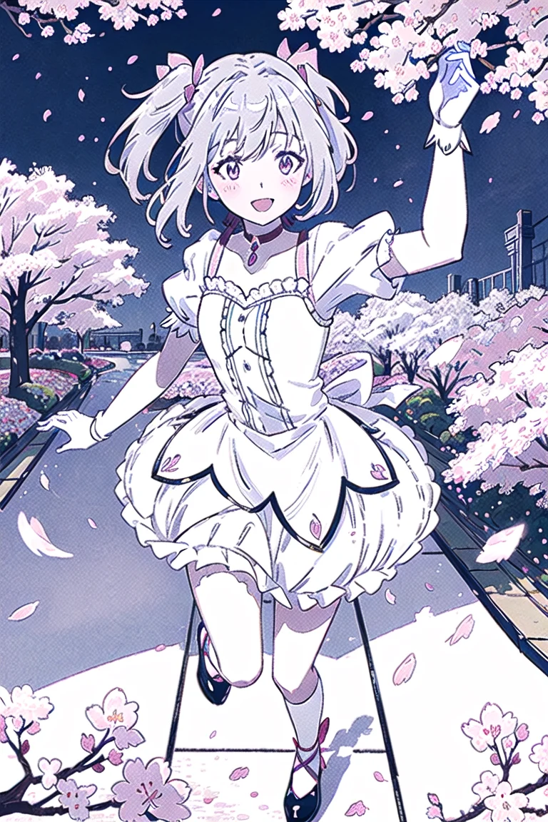 sunshine, windy, cherry blossoms, cherry blossom garden, aesthetic, intricate, sharp focus, best quality, extremely detailed,1girl, solo, from above, BREAK Madoka Kaname, (detailed shiny_anime_style_eyes), flat chest, extremely detailed textures, laughing, (running in a cherry blossom garden), casual pose, posing <lora:MadokaKaname:1>
