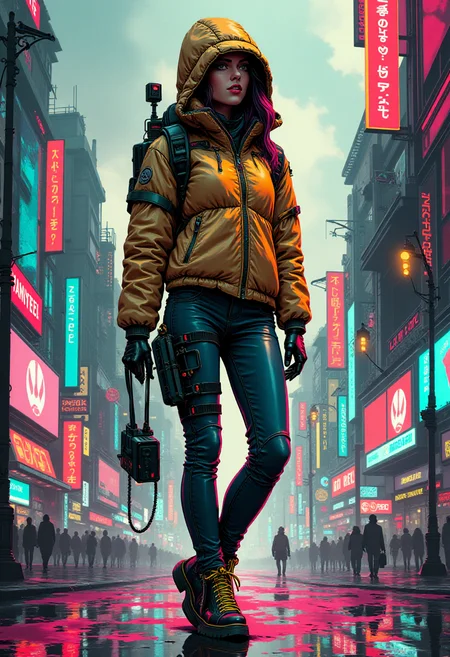"A cyberpunk girl, stands confidently in a rain-soaked, futuristic city street. She wears cyberpunk clothing. Her cybernetic arms, displaying streams of digital data, mark her as a fusion of human and machine. The neon-lit street is alive with holographic ads, reflecting off wet pavement. Towering skyscrapers glow with vibrant color, while fog and smoke swirl through the air. The girlâs sharp gaze pierces the dystopian chaos, embodying strength and resilience in a high-tech, gritty world."
<lora:ck-Neon-Retrowave:0.9>
<lora:flux.1_lora_ink-dynamic:0.25>