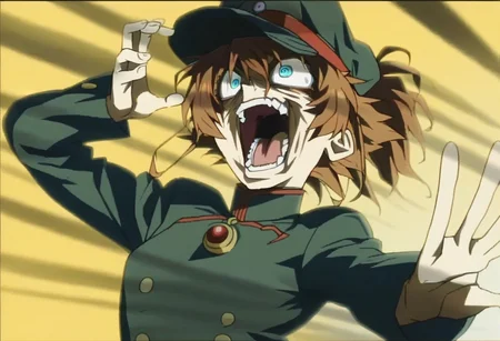 score_9,score_8_up,score_7_up,rating_safe,kaibanodef, open mouth, upper body, teeth, laughing, parody,1girl,solo,TanyaDegurechaff,tunic,military hat,crazy eyes,blue eyes