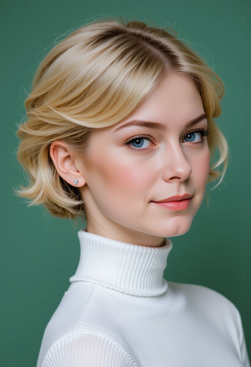 Headshots,masterpiece, a beautiful woman,Hyperrealistic, she is smiling, dynamic angles, multiple angles, photoshoot poses; A photo of Imogen_RL_Starpery, a woman with short blonde hair, she has massive breasts, a beautiful girl,she is wearing a white turtleneck sweater.she has massive breasts, she has piercing eyes. a dynamic pose and a sense of action. simple green background, and the lighting is soft, creating a dramatic effect, creating a focused and dynamic pose.; the scene is set in a beautiful well-lit environment, with a sense of action and adventure. Style: realistic hyper-detailed rendering, 32k UHD, expressive eyes, punk, graphic design, girl's face, pretty and cute, gleaming lips, telling a tale of adventure. Exuding confidence and serenity. The overall mood of the image is happy and relaxed, detailed skin texture,(blush:0.2),(goosebumps:0.3), subsurface scattering,with a playful and whimsical tone,perfect hand, hand, detailed hand,niji style,retro50s_style,