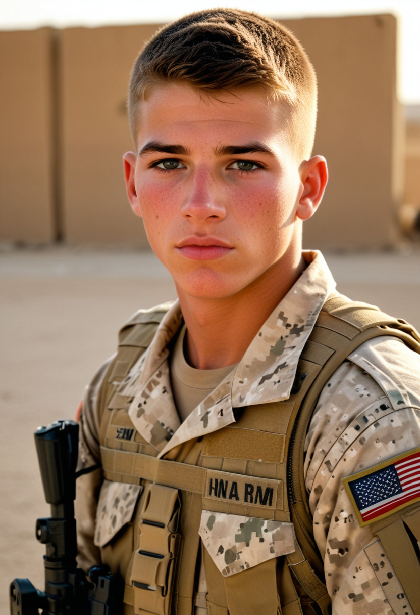 photojournalism, rugged handsome 20yo american soldier in iraq, <lora:sdxl_lightning_8step_lora:1>