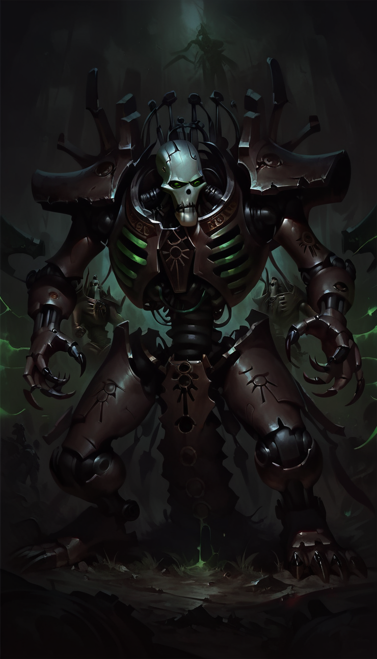 score_9, score_8_up, score_7_up, necron, robot, green energy, wh40k, claws, black armor, science fiction, mecha, 
from above,
 <lora:Necron_race_WH40K:1> 
 <lora:Concept Art DarkSide Style LoRA_Pony XL v6:1> concept art, realistic, dark theme, low light,