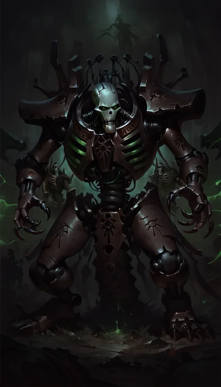 score_9, score_8_up, score_7_up, necron, robot, green energy, wh40k, claws, black armor, science fiction, mecha, 
from above,
 <lora:Necron_race_WH40K:1> 
 <lora:Concept Art DarkSide Style LoRA_Pony XL v6:1> concept art, realistic, dark theme, low light,