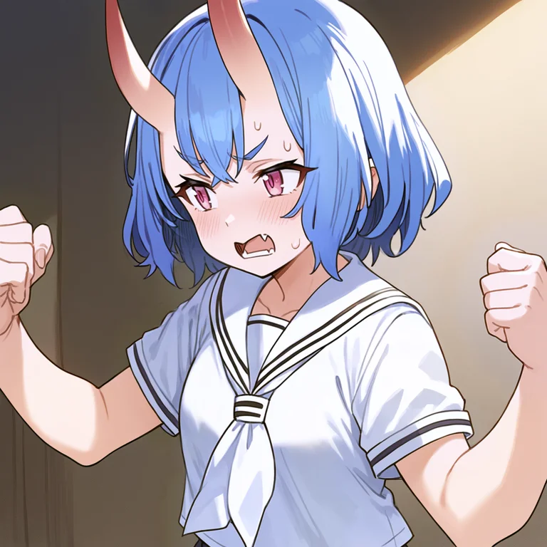 score_9, source_anime,
1girl, oni horns, blush, sweat, annoyed, open mouth, 
looking away, skin fang,
school uniform, short sleeves, serafuku,
pink eyes, blue hair, short hair,
<lora:houtengeki ponyDiffusionV6XL_v6StartWithThisOne 8x16 AdamW8bit__cosine__1708954172_dim4_sv_fro_dp0.8:1>